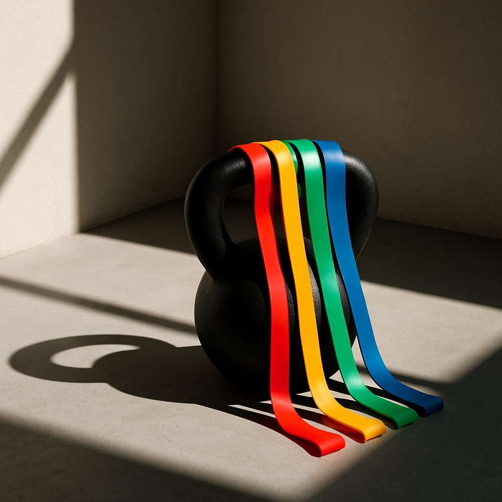 A composition of various resistance bands or tubes and a kettlebell in a room, bathed by sunlight from a skylight, while c...