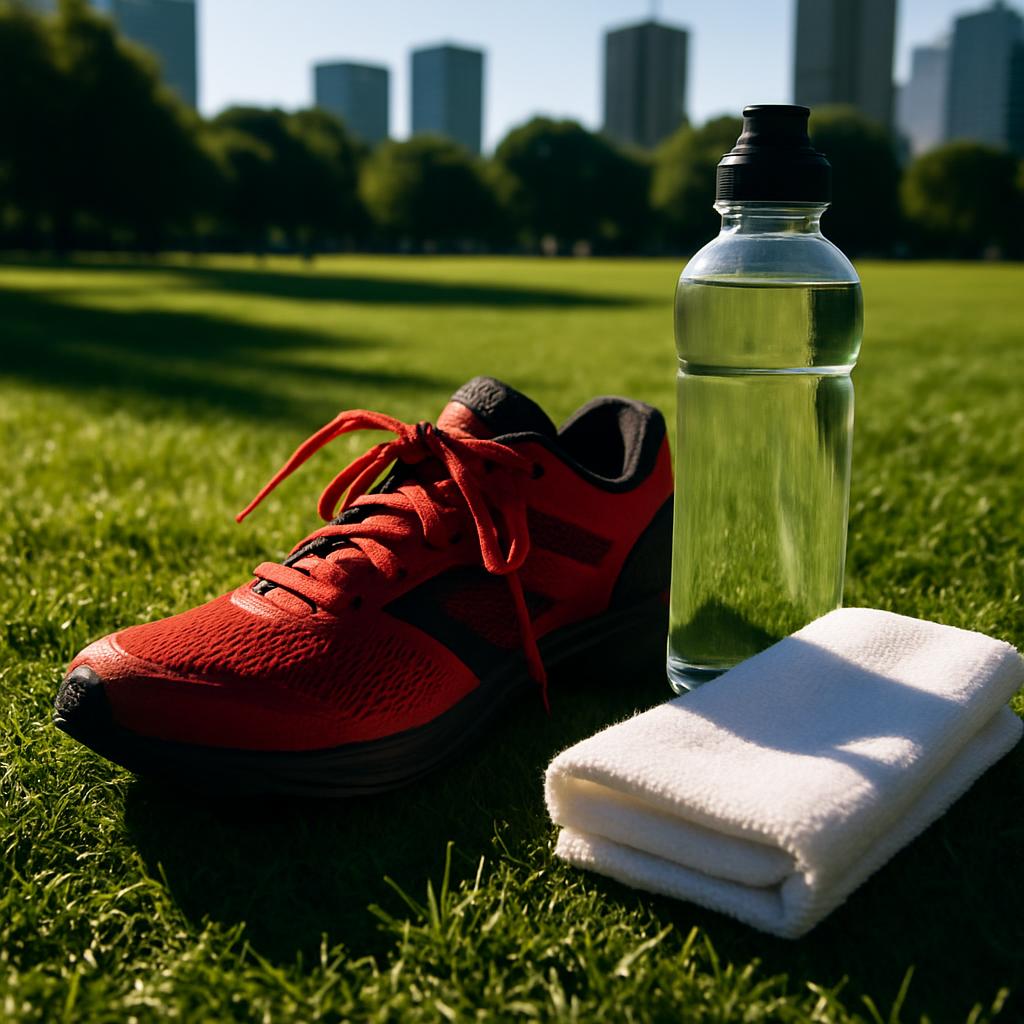 A close-up image of essential sports equipment and accessories, including red lace-up sneakers (left shoe in profile), a c...