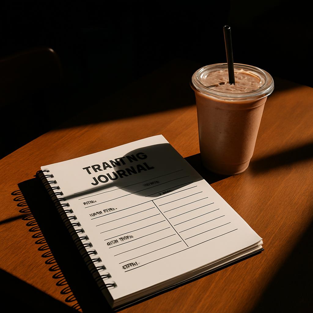 A notebook and a drink on a table, with the notebook featuring "TRAINING JOURNAL" written on it.
