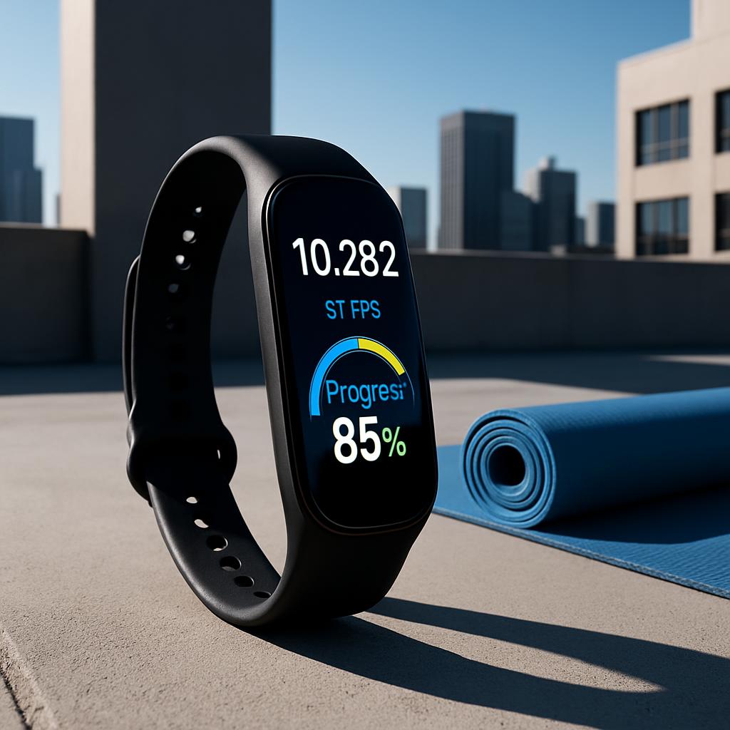 A smartwatch featuring a digital display, showcasing a prominent display with detailed metrics: * ST FPS (seconds per fram...